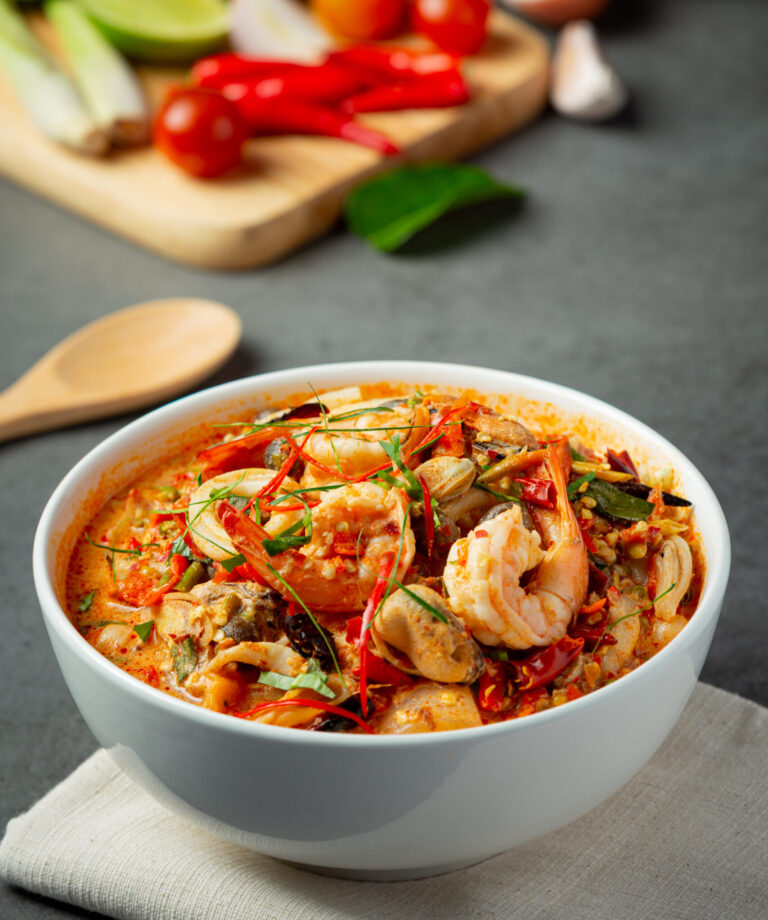 thai food; TOM YUM KUNG or river prawn spicy soup